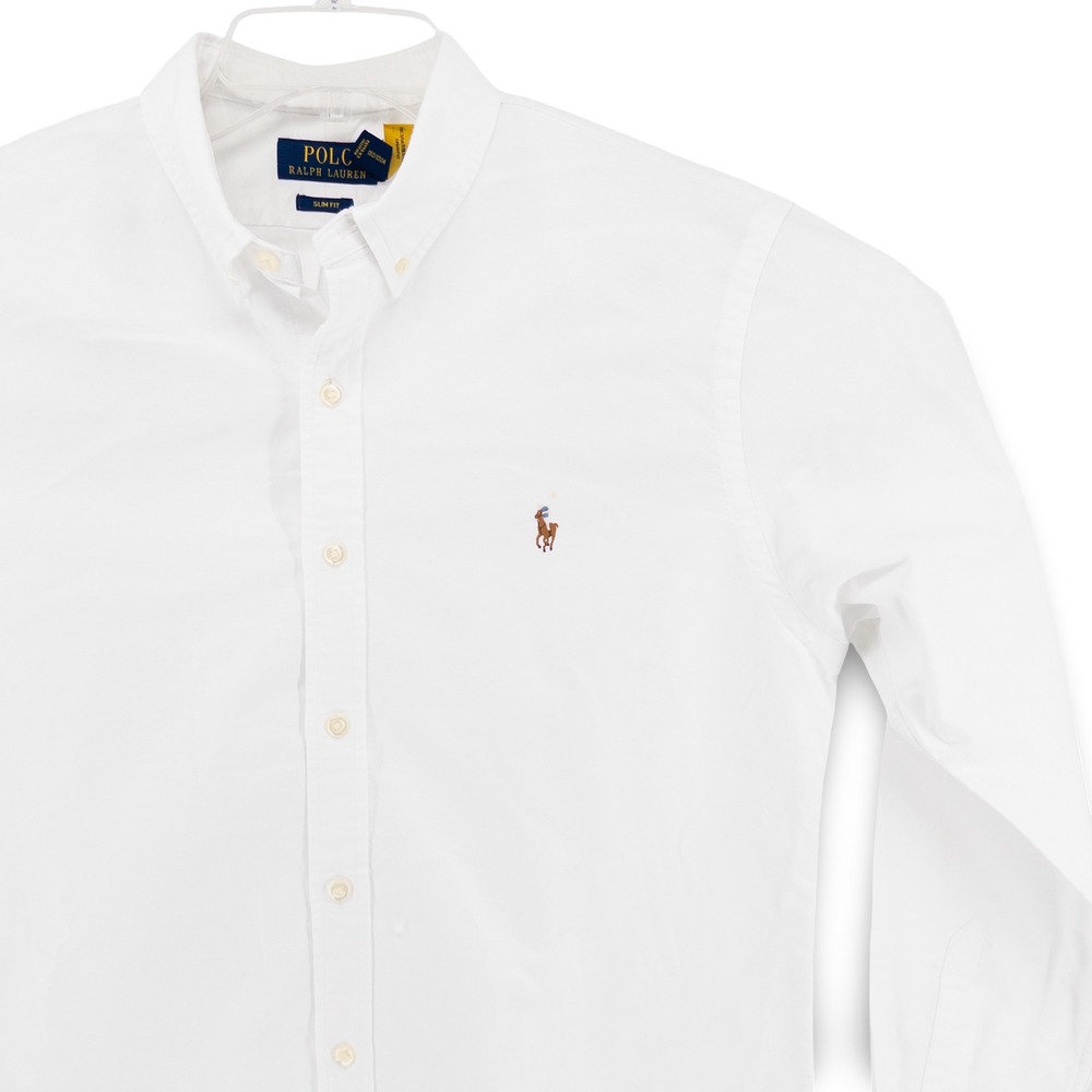 Polo Ralph Lauren Mens Large Oxford Button Down White Slim Fit Shirt Preppy OCBD